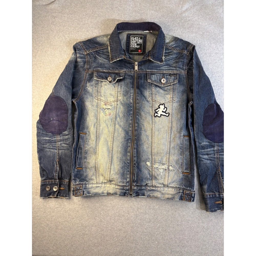 Play Cloths Our Gang Mens XL Distressed Denim Jacket Blue Zip Up Elbow Patches